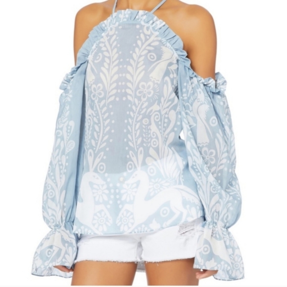 Alice McCall Be Free Light Breezy Puff Sleeve Blouse Deer Pattern Blue US 2